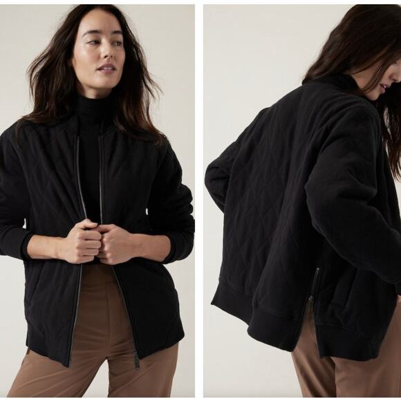 ATHLETA Retroplush Bomber Jacket Quilted Coat Black Sz M {119} - Picture 1 of 6